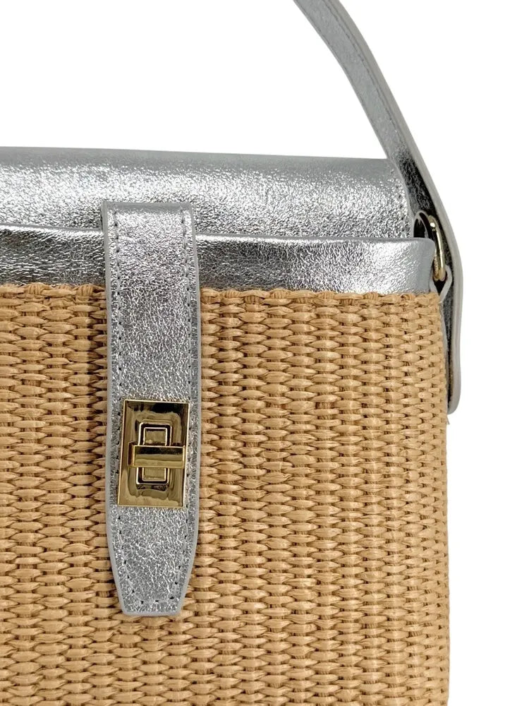 Mini-sac à main en cuir et raphia SIENNA Argent moyen