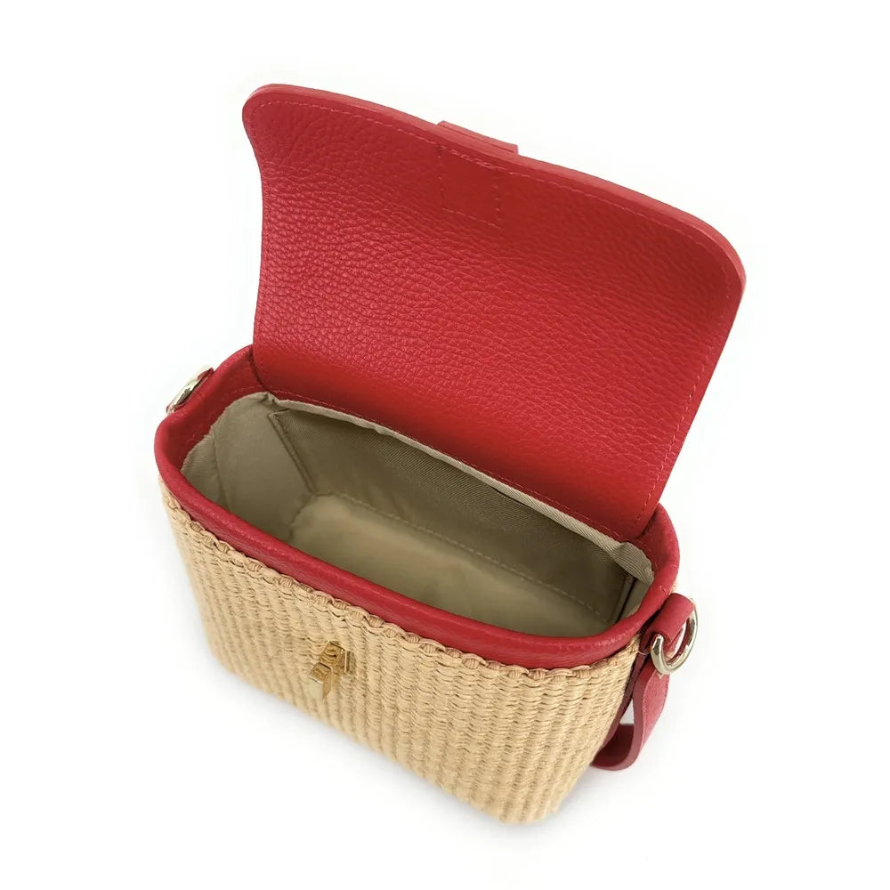 Mini-sac à main en cuir et raphia SIENNA Rouge magenta