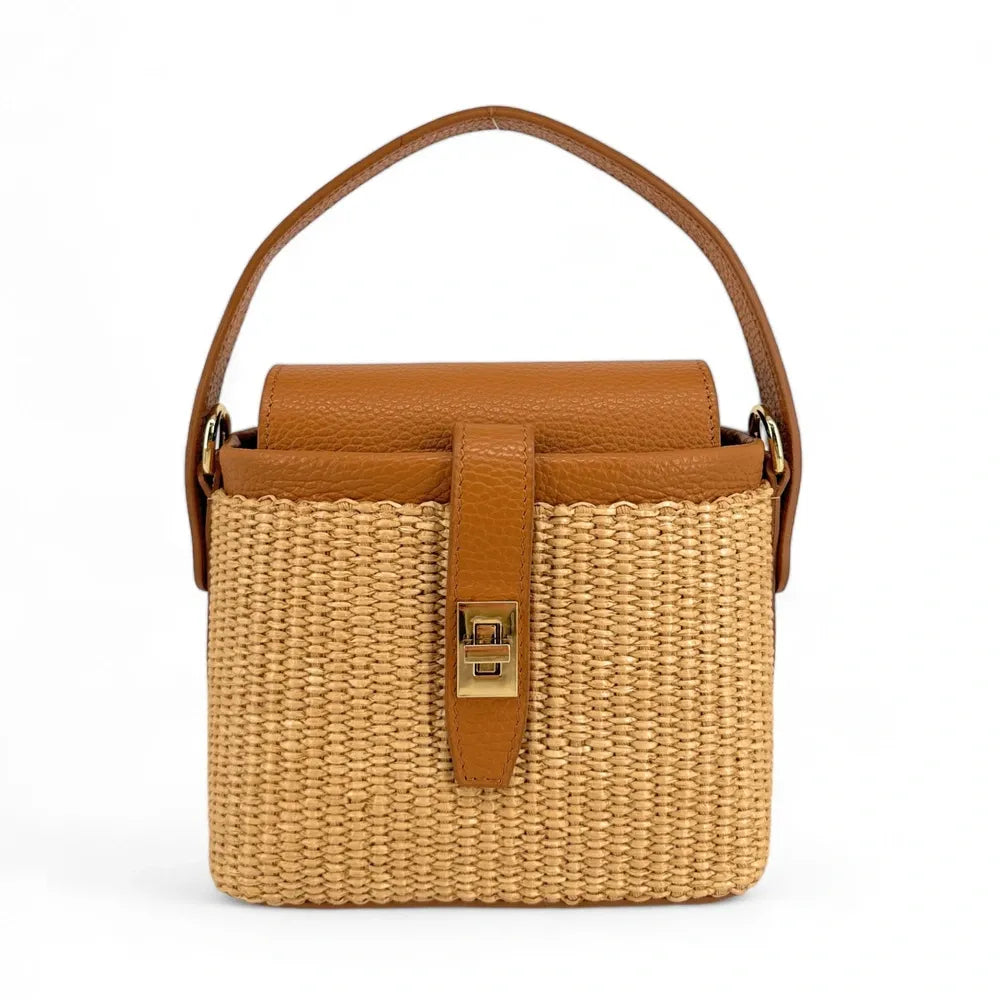 Mini-sac à main en cuir et raphia SIENNA Camel foncé