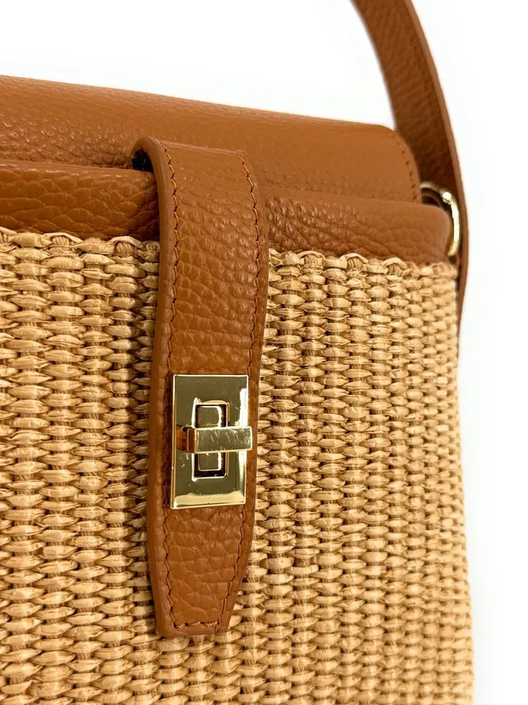Mini-sac à main en cuir et raphia SIENNA Camel foncé