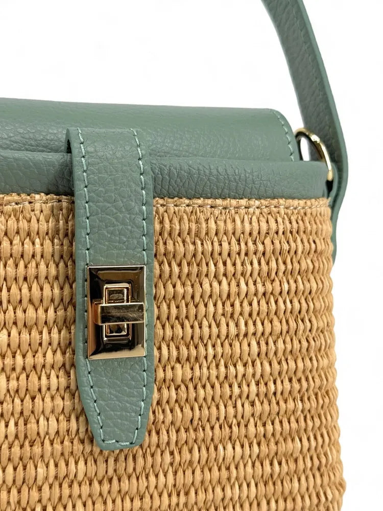 Mini-sac à main en cuir et raphia SIENNA Vert pastel