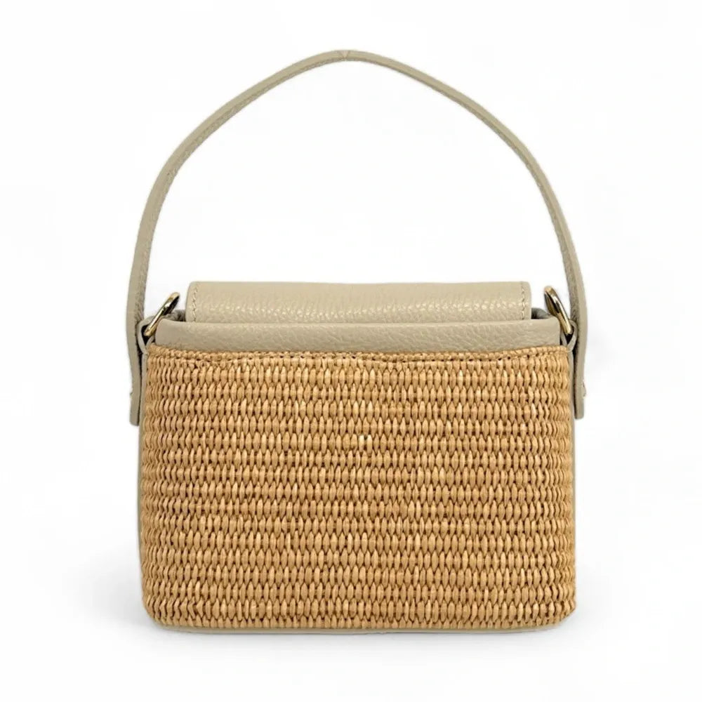 Mini-sac à main en cuir et raphia SIENNA Taupe clair