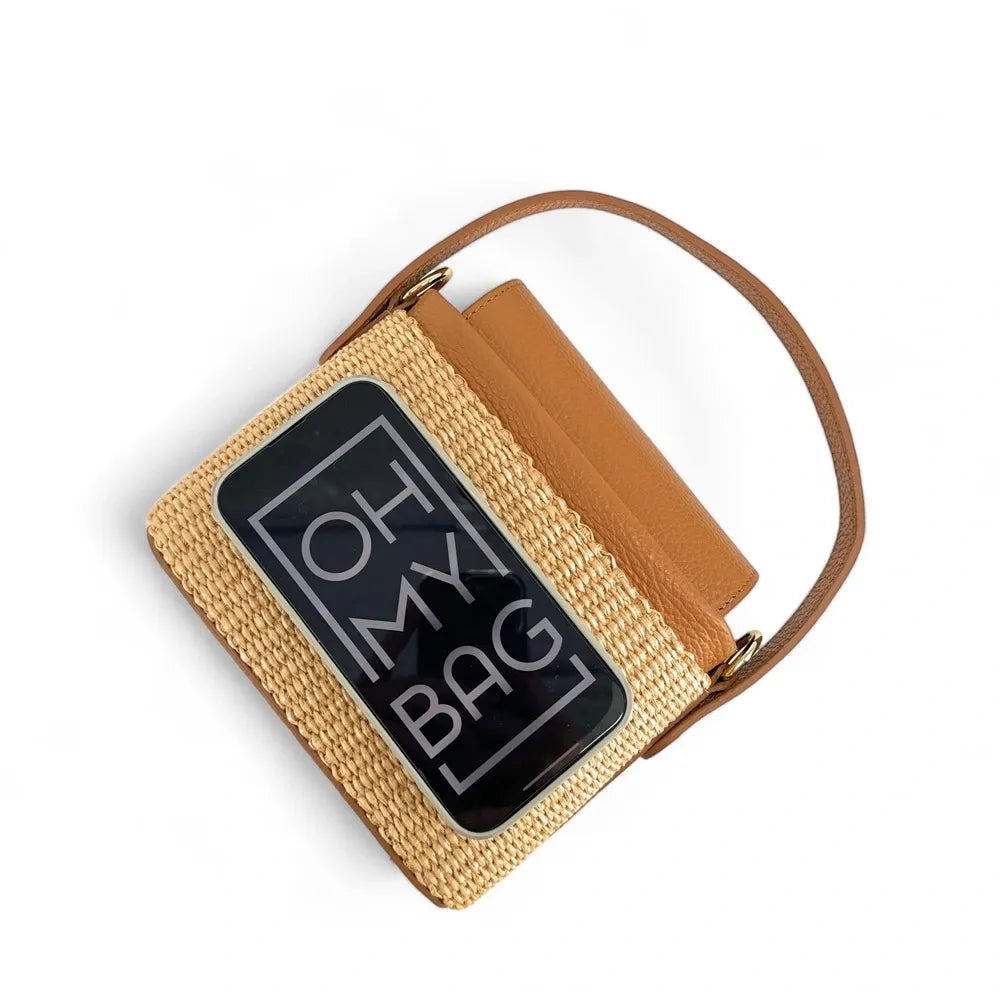 Mini-sac à main en cuir et raphia SIENNA Camel foncé