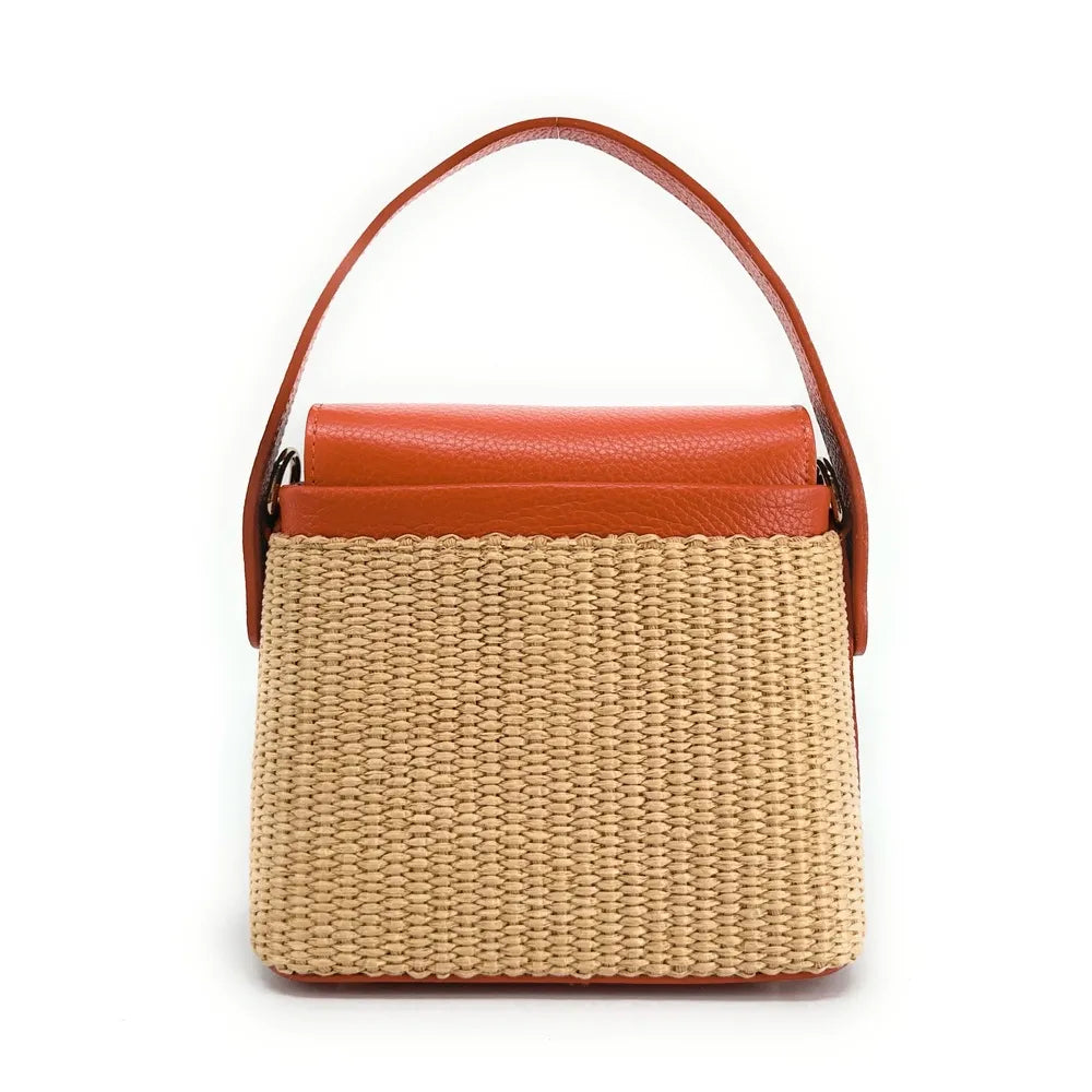 Mini-sac à main en cuir et raphia SIENNA Mandarine