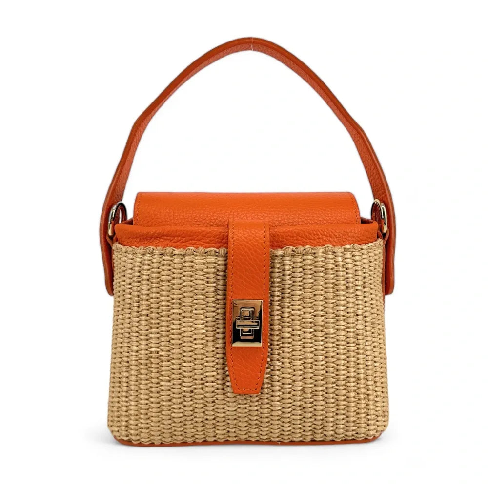 Mini-sac à main en cuir et raphia SIENNA Orange