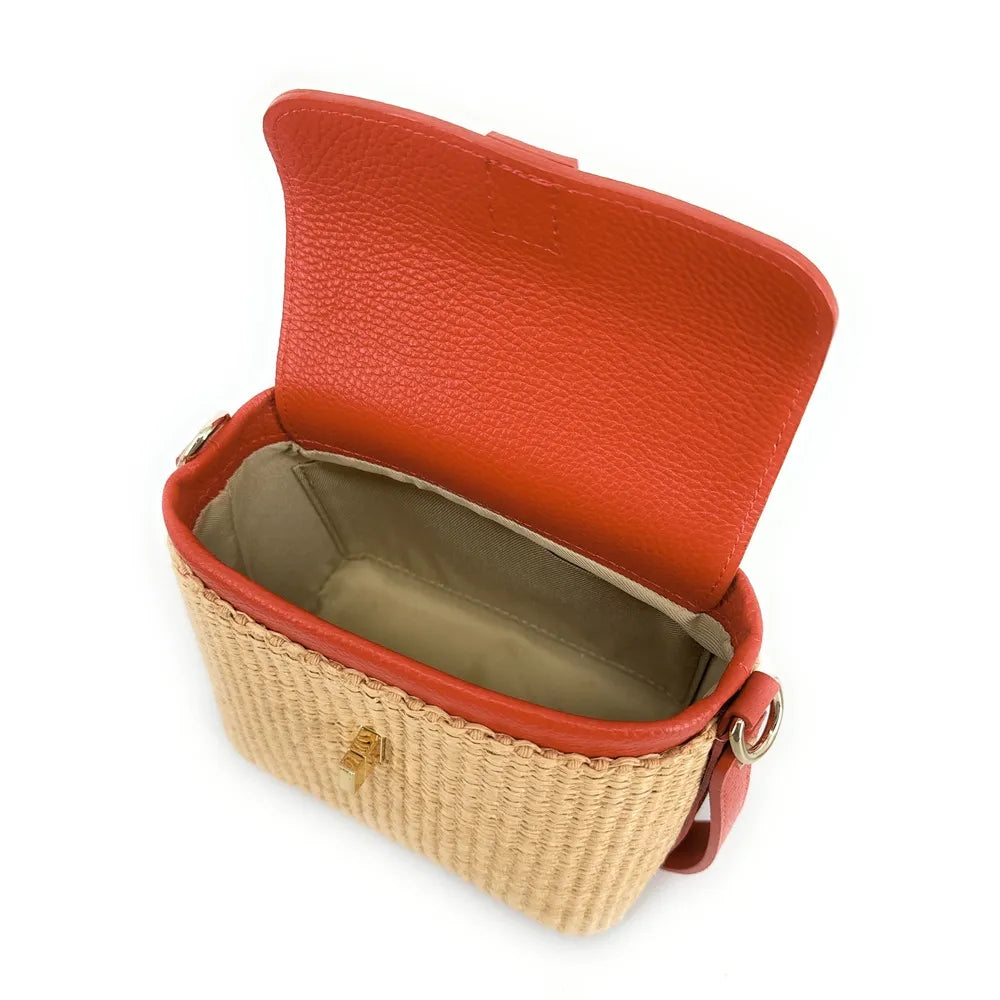 Mini-sac à main en cuir et raphia SIENNA Mandarine