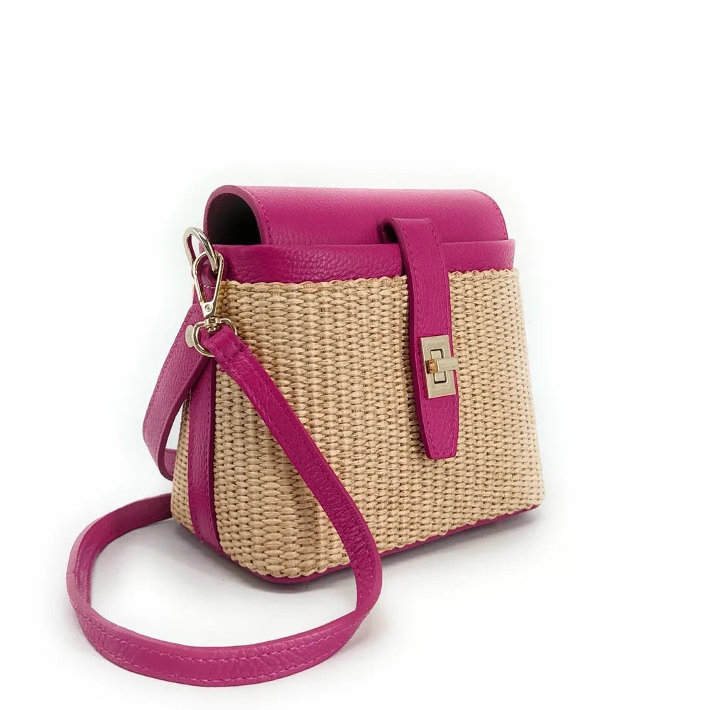Mini-sac à main en cuir et raphia SIENNA Rose fuchsia