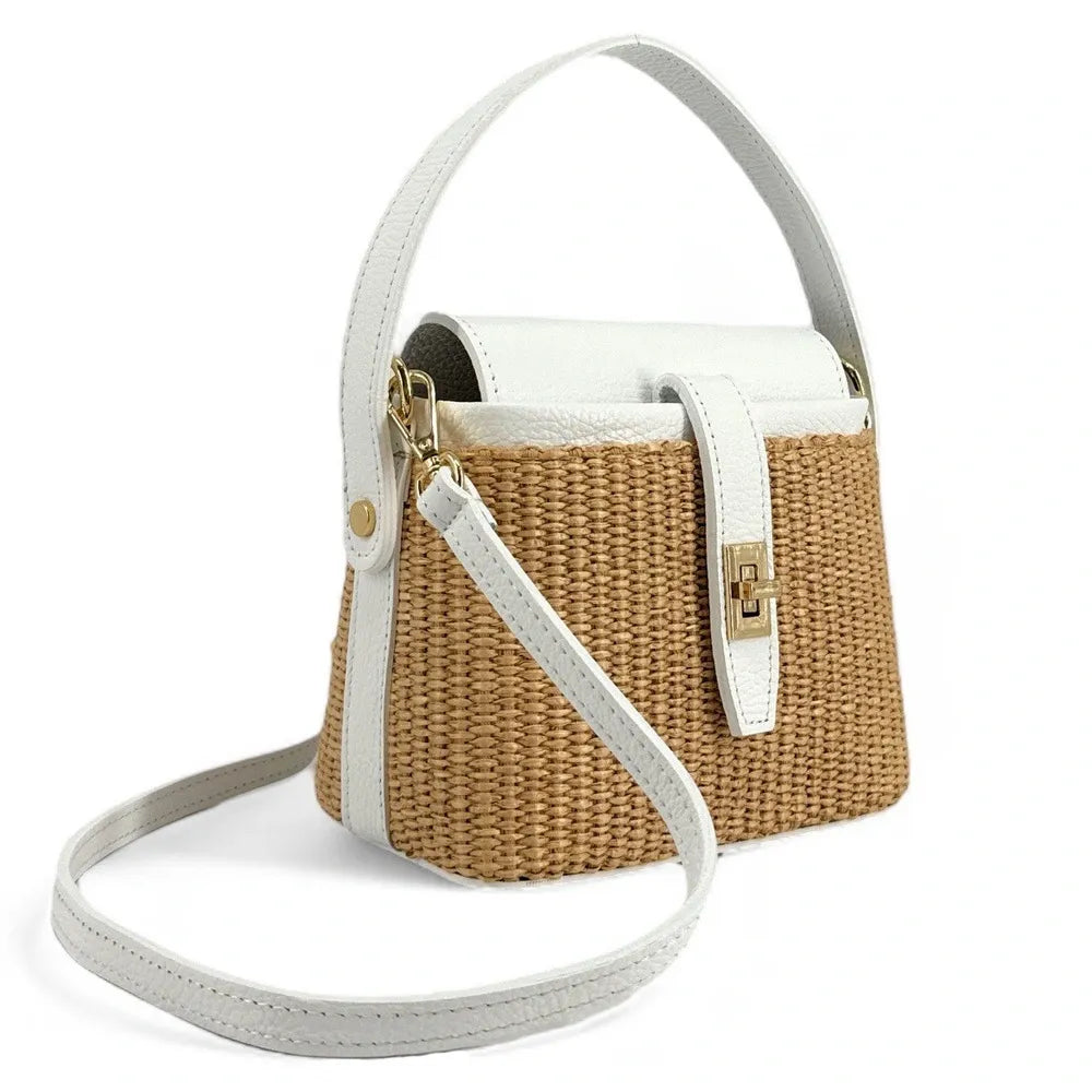 Mini-sac à main en cuir et raphia SIENNA Blanc