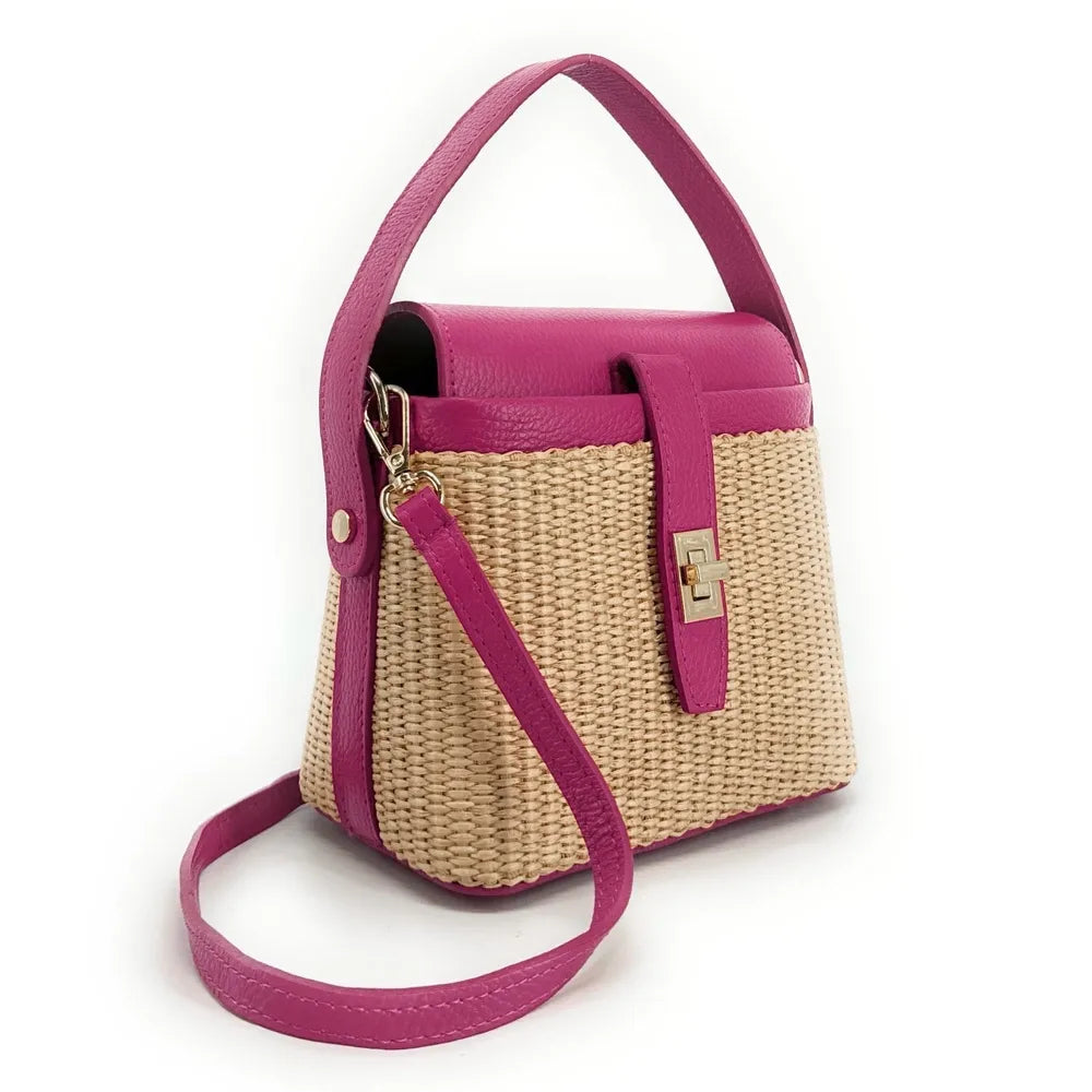 Mini-sac à main en cuir et raphia SIENNA Rose fuchsia