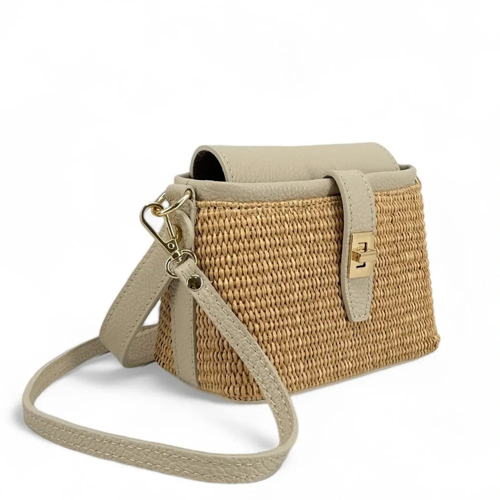 Mini-sac à main en cuir et raphia SIENNA Taupe clair