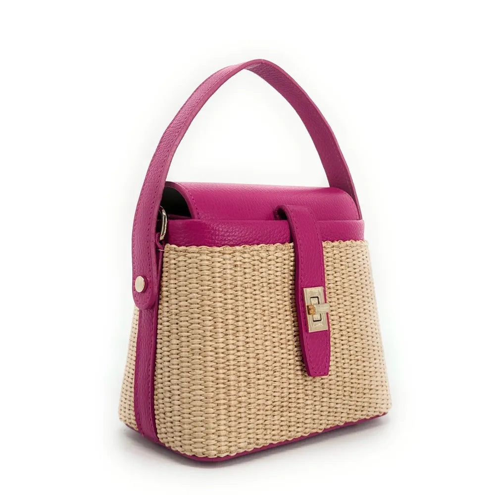 Mini-sac à main en cuir et raphia SIENNA Rose fuchsia