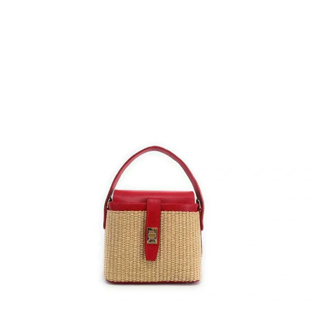 Mini-sac à main en cuir et raphia SIENNA Rouge magenta