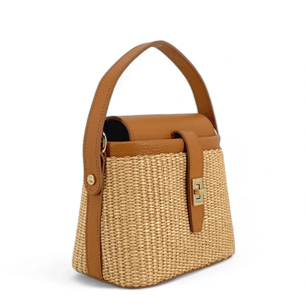 Mini-sac à main en cuir et raphia SIENNA Camel foncé