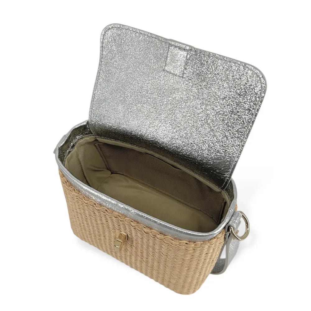 Mini-sac à main en cuir et raphia SIENNA Argent moyen