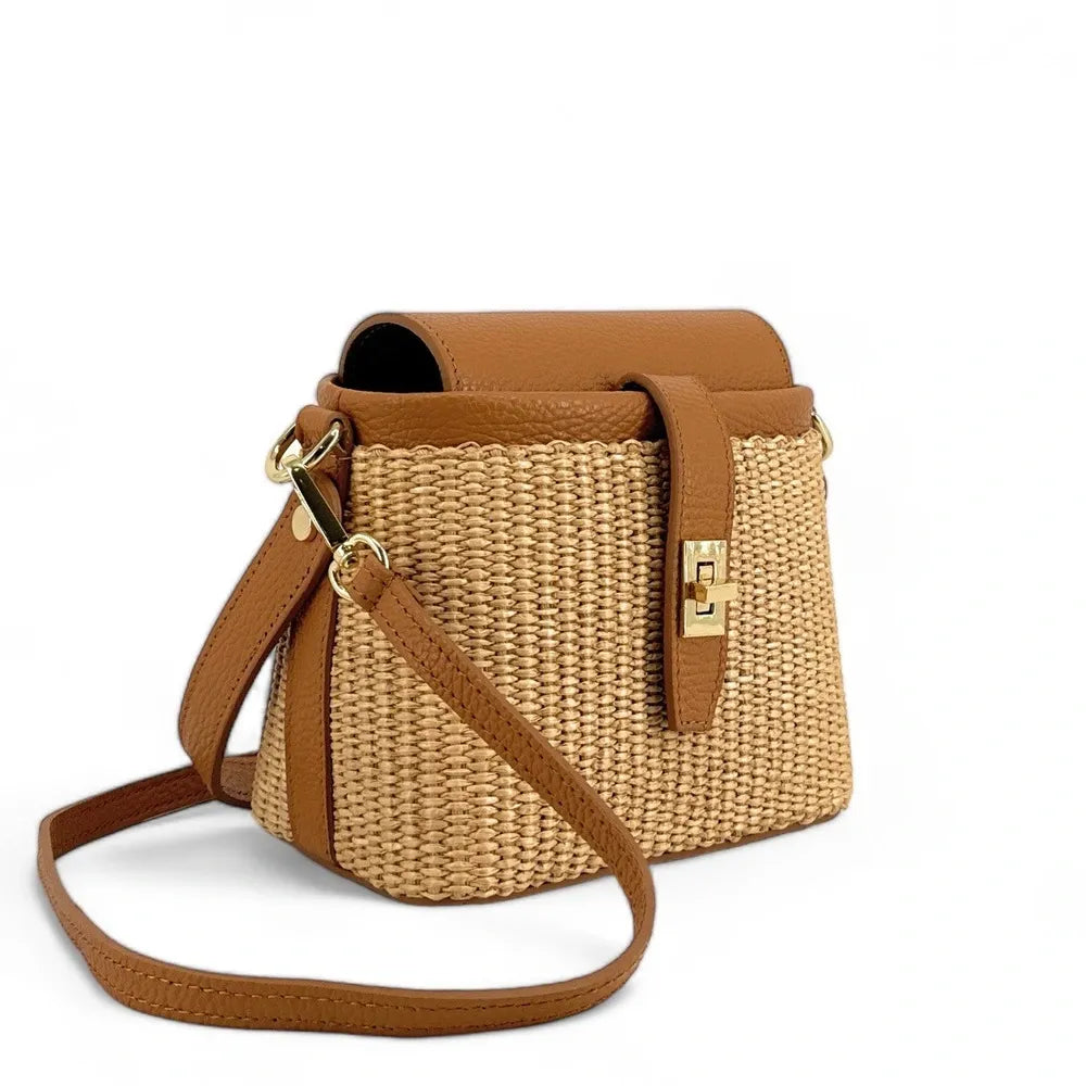 Mini-sac à main en cuir et raphia SIENNA Camel foncé