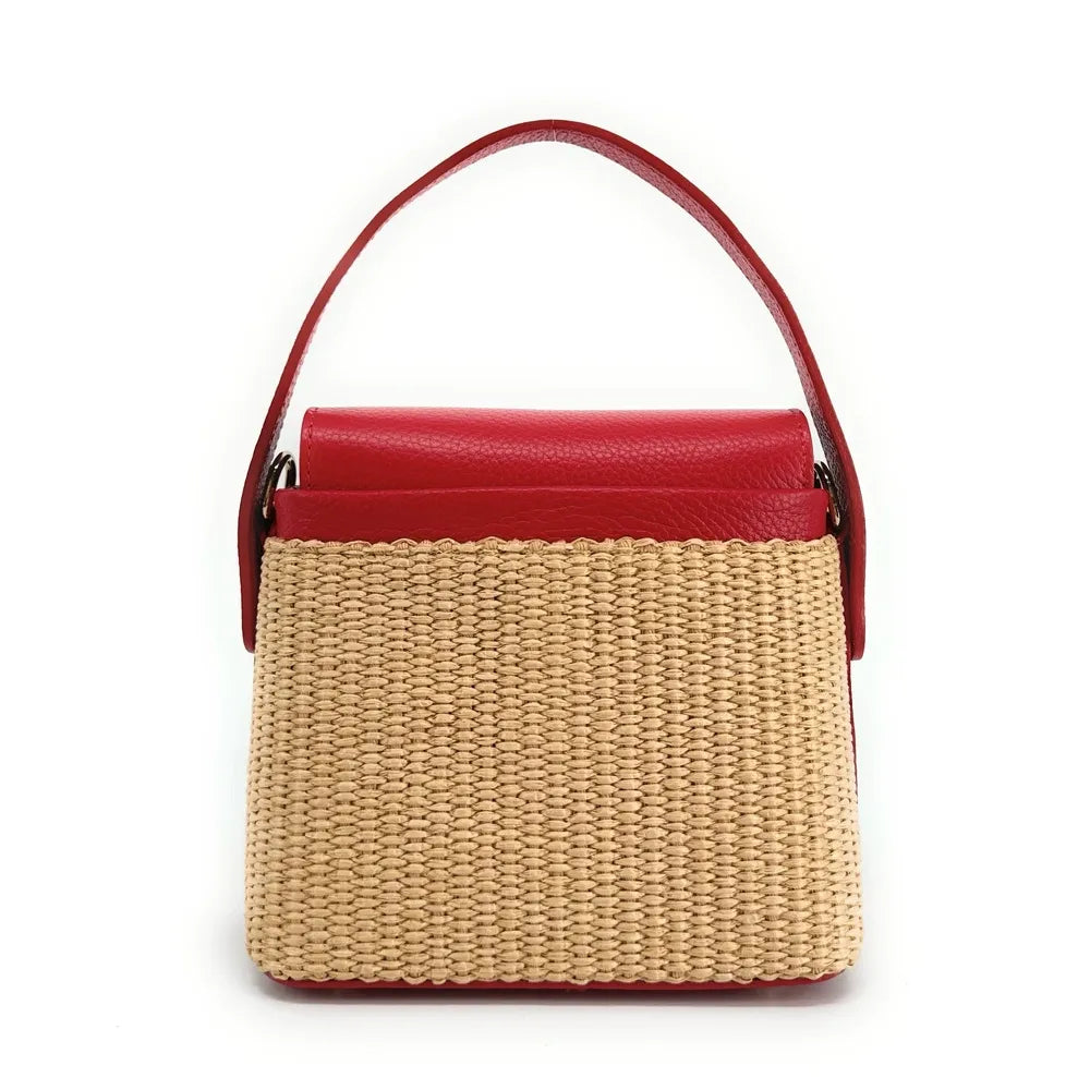 Mini-sac à main en cuir et raphia SIENNA Rouge magenta