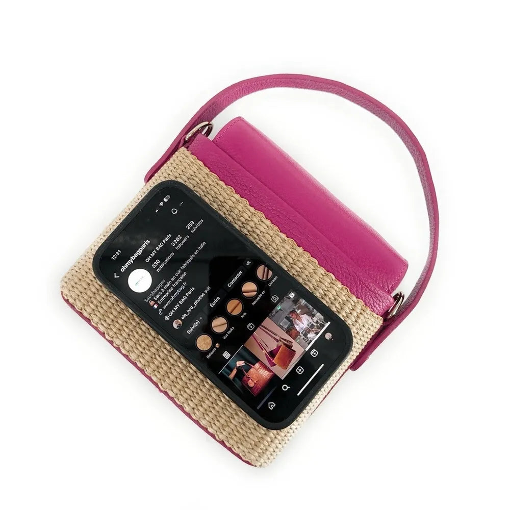 Mini-sac à main en cuir et raphia SIENNA Rose fuchsia