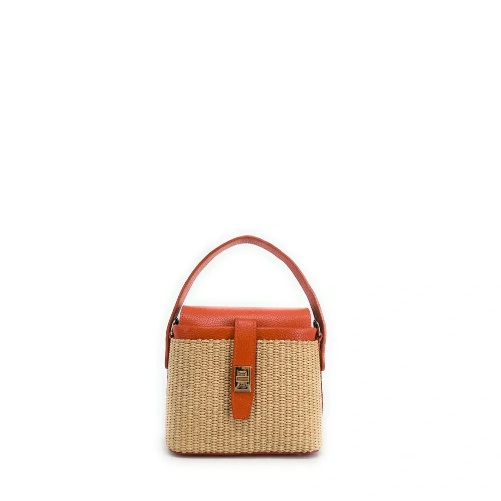Mini-sac à main en cuir et raphia SIENNA Mandarine