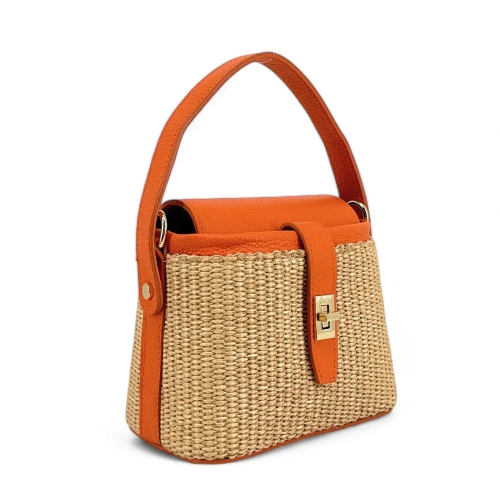 Mini-sac à main en cuir et raphia SIENNA Orange