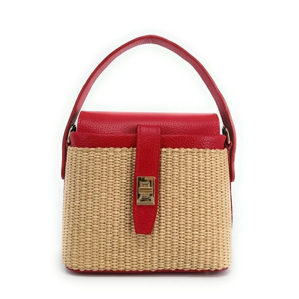 Mini-sac à main en cuir et raphia SIENNA Rouge magenta