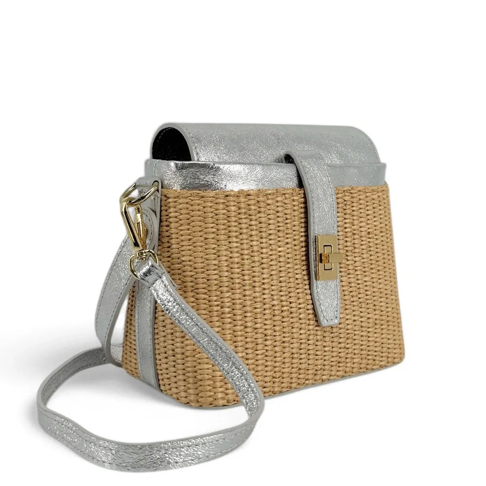 Mini-sac à main en cuir et raphia SIENNA Argent moyen