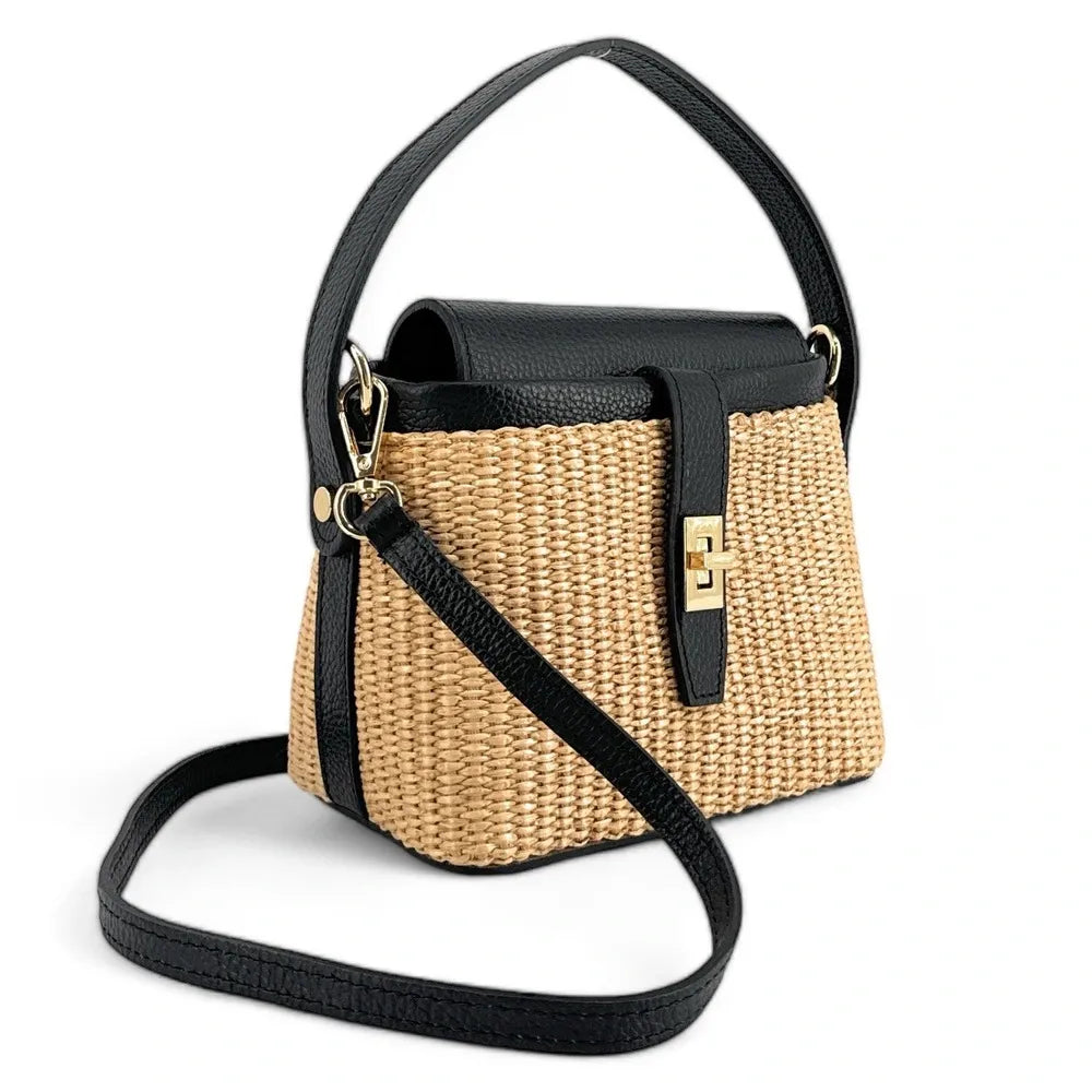 Mini-sac à main en cuir et raphia SIENNA Noir