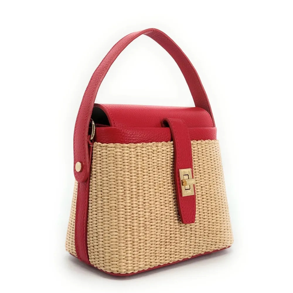 Mini-sac à main en cuir et raphia SIENNA Rouge magenta