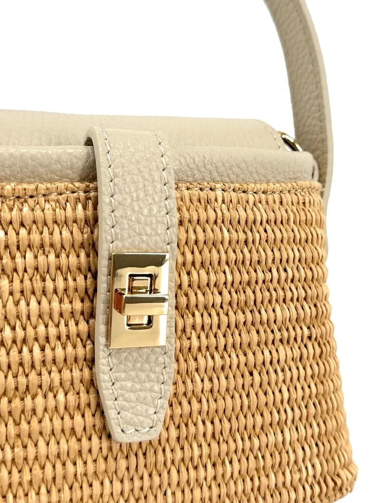 Mini-sac à main en cuir et raphia SIENNA Taupe clair