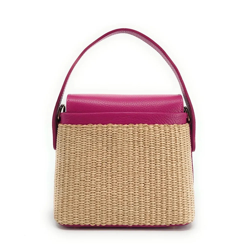Mini-sac à main en cuir et raphia SIENNA Rose fuchsia