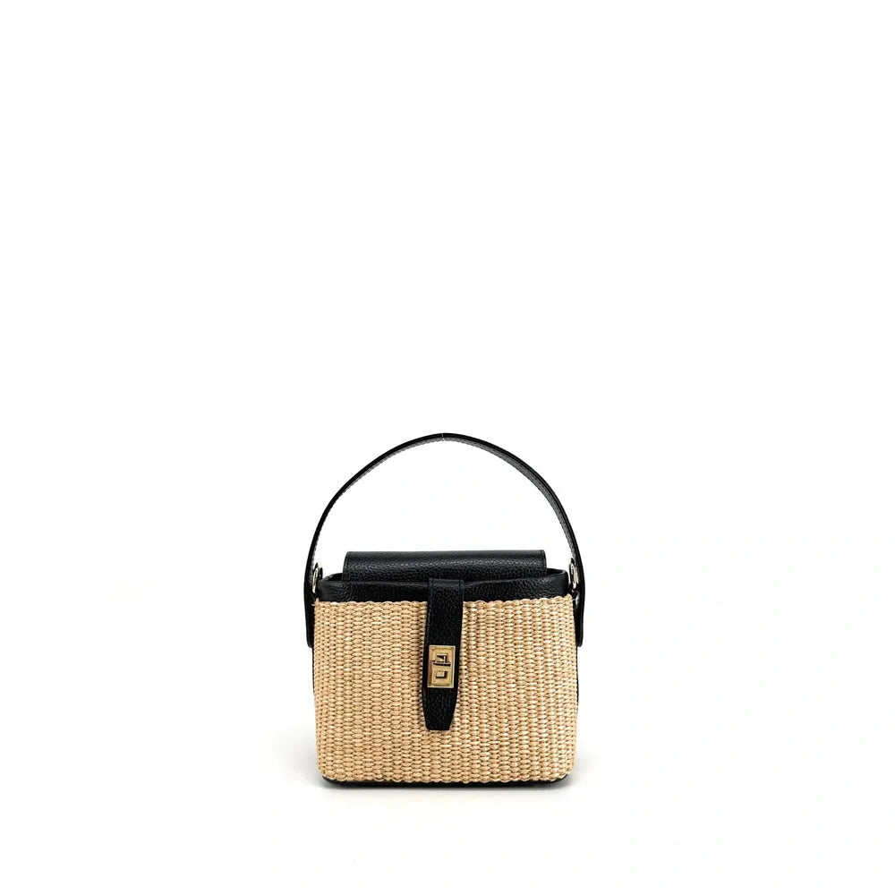 Mini-sac à main en cuir et raphia SIENNA Noir