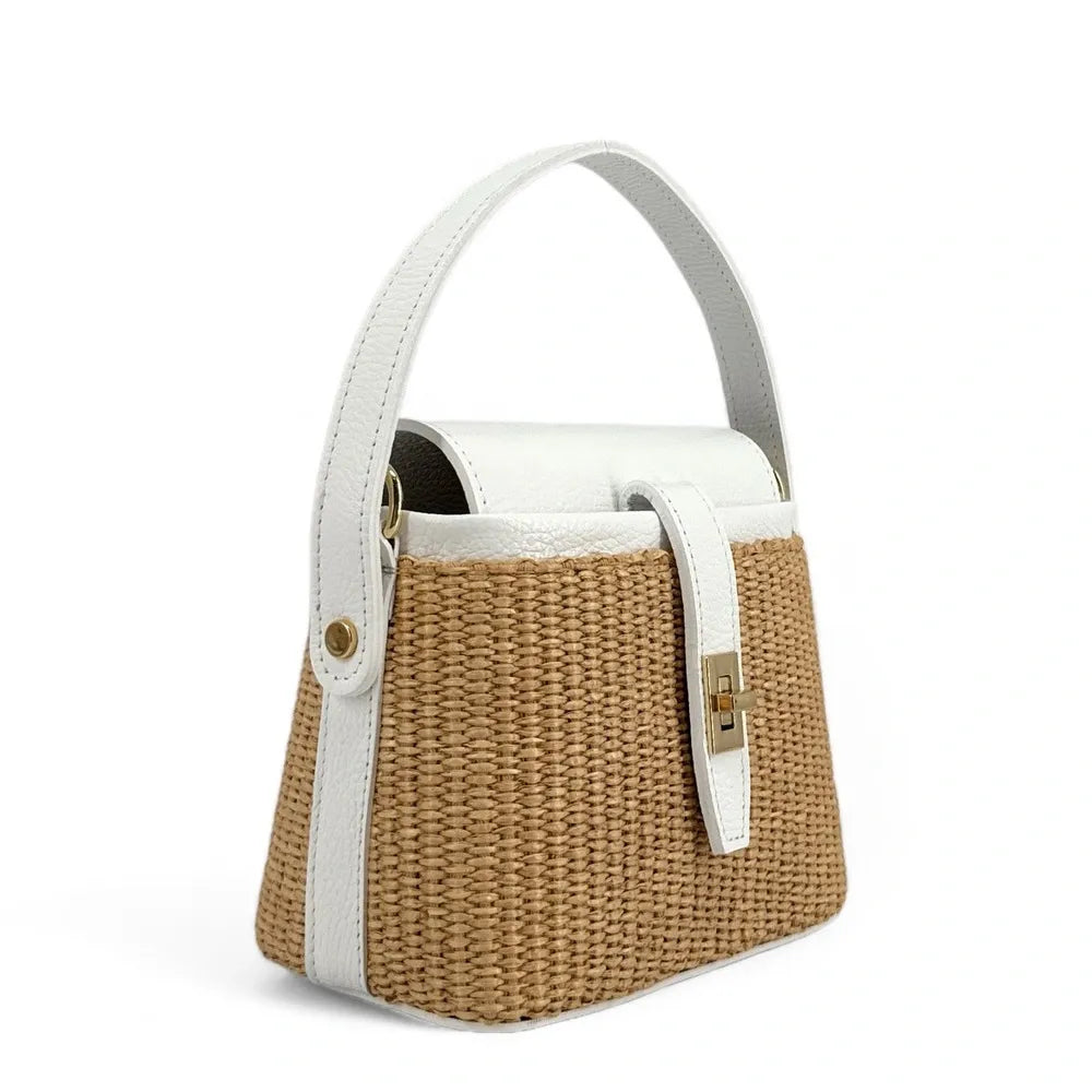 Mini-sac à main en cuir et raphia SIENNA Blanc
