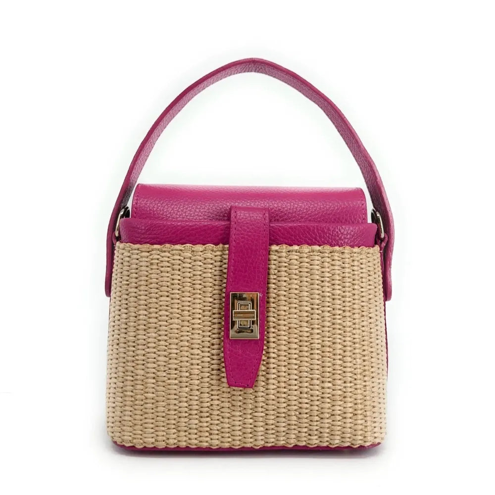 Mini-sac à main en cuir et raphia SIENNA Rose fuchsia