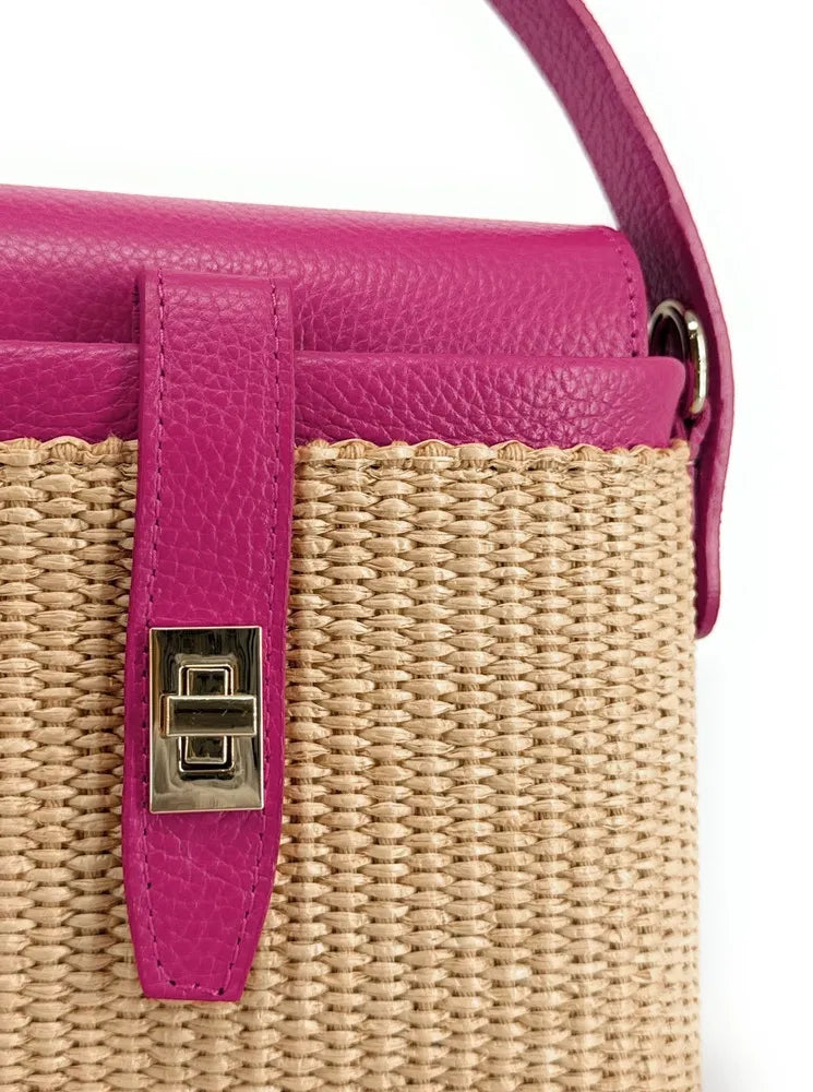 Mini-sac à main en cuir et raphia SIENNA Rose fuchsia