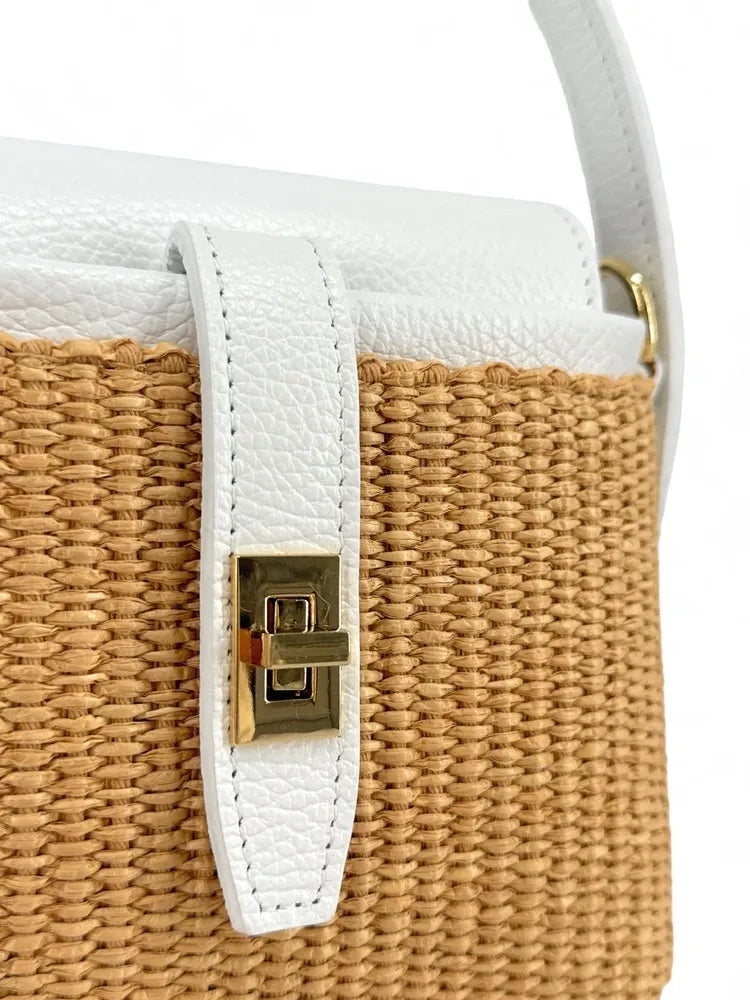 Mini-sac à main en cuir et raphia SIENNA Blanc