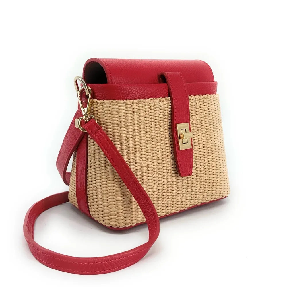 Mini-sac à main en cuir et raphia SIENNA Rouge magenta