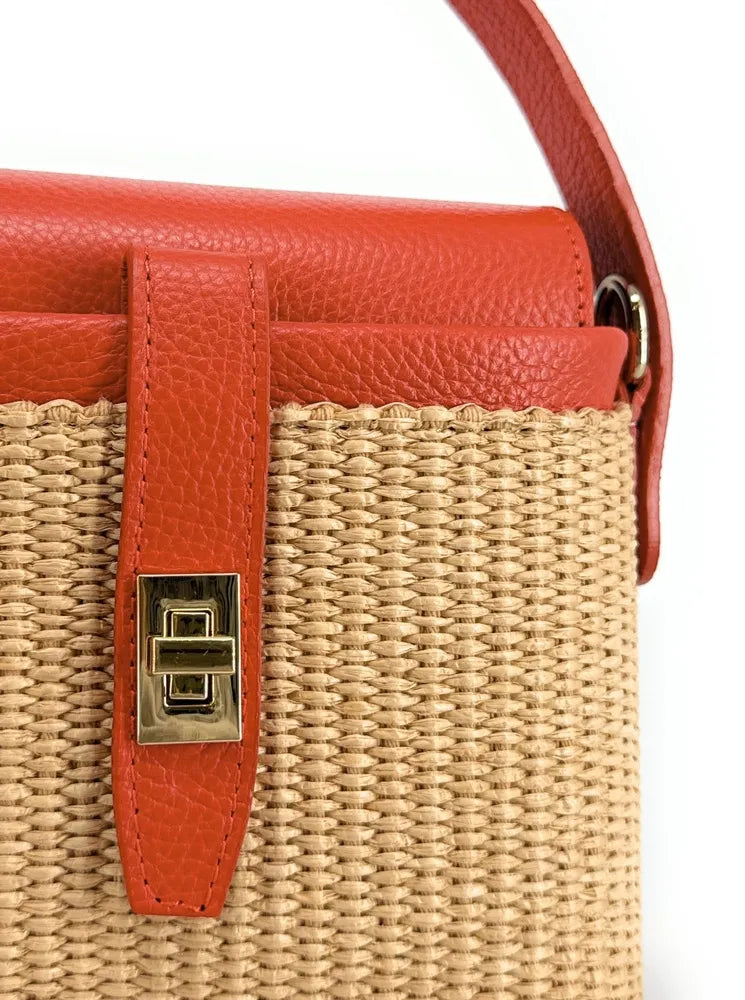 Mini-sac à main en cuir et raphia SIENNA Mandarine