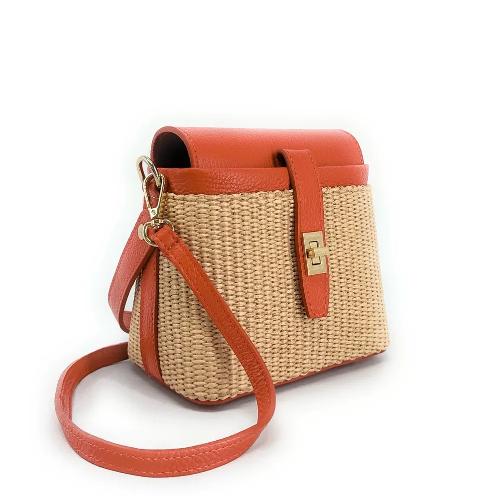 Mini-sac à main en cuir et raphia SIENNA Mandarine