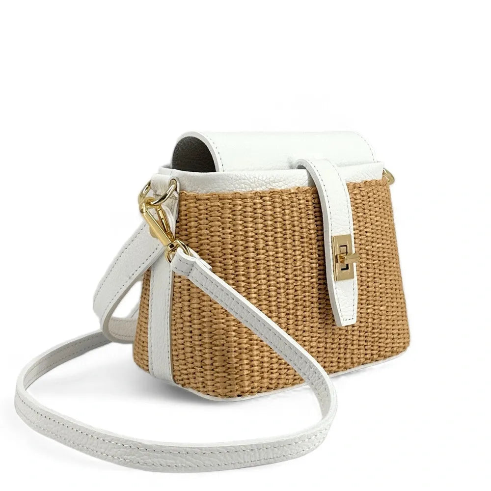 Mini-sac à main en cuir et raphia SIENNA Blanc