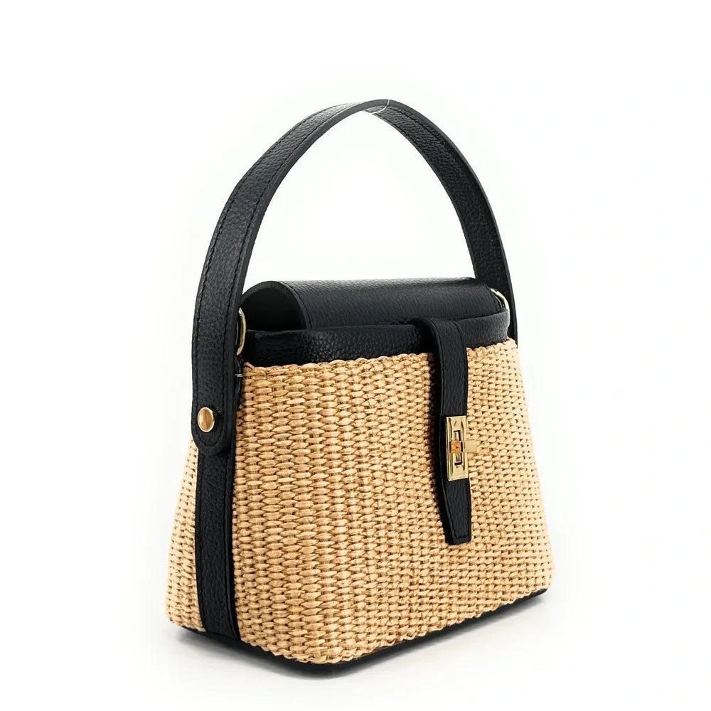 Mini-sac à main en cuir et raphia SIENNA Noir