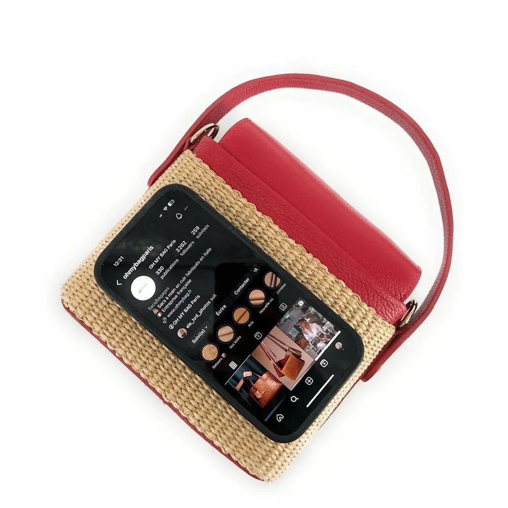 Mini-sac à main en cuir et raphia SIENNA Rouge magenta