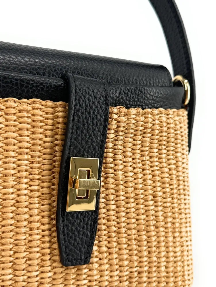 Mini-sac à main en cuir et raphia SIENNA Noir