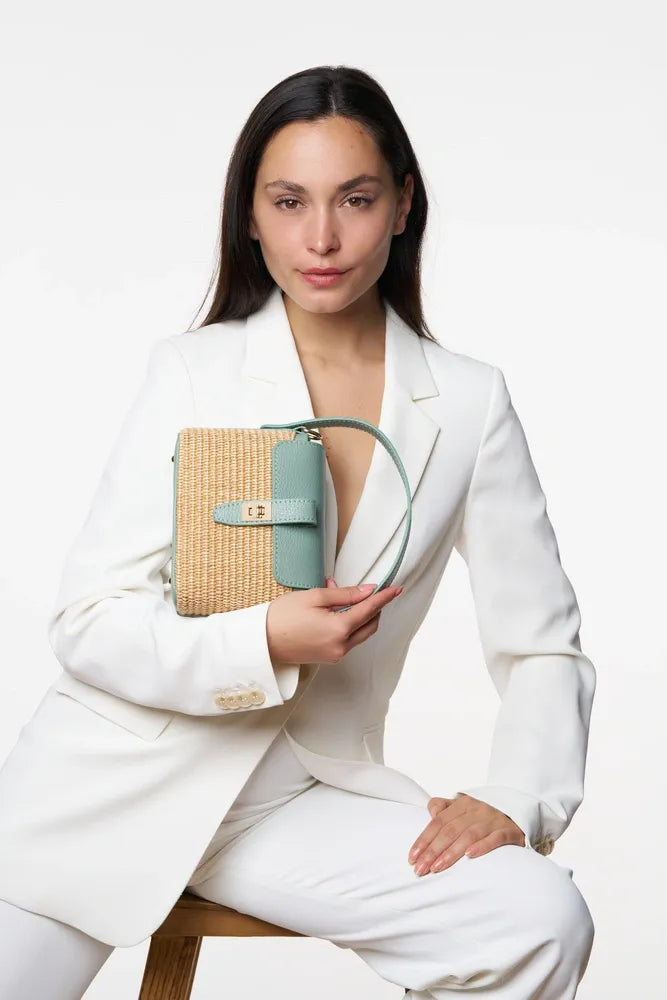 Mini-sac à main en cuir et raphia SIENNA Vert pastel