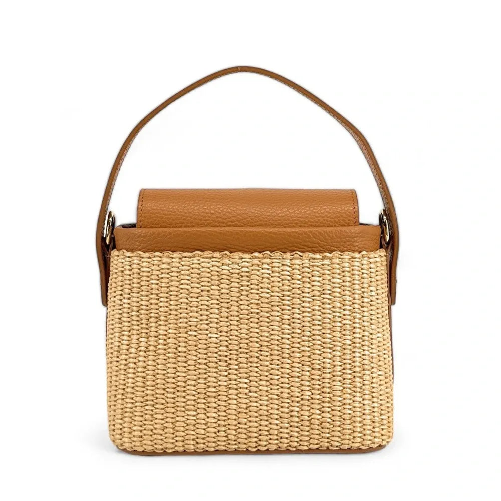 Mini-sac à main en cuir et raphia SIENNA Camel foncé