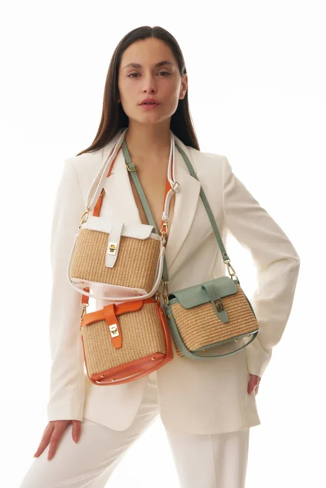 Mini-sac à main en cuir et raphia SIENNA Orange
