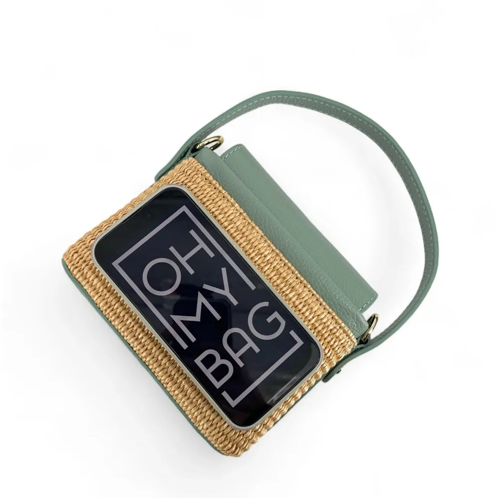 Mini-sac à main en cuir et raphia SIENNA Vert pastel