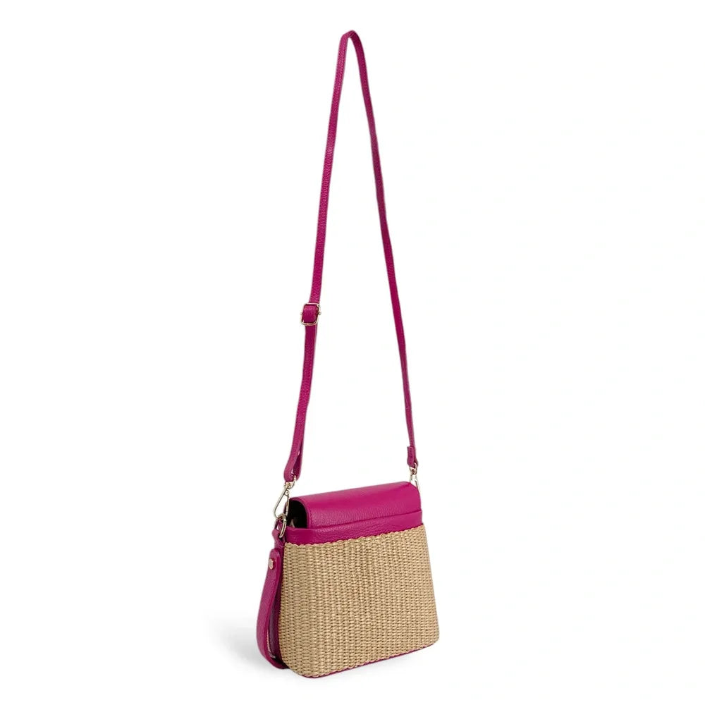Mini-sac à main en cuir et raphia SIENNA Rose fuchsia