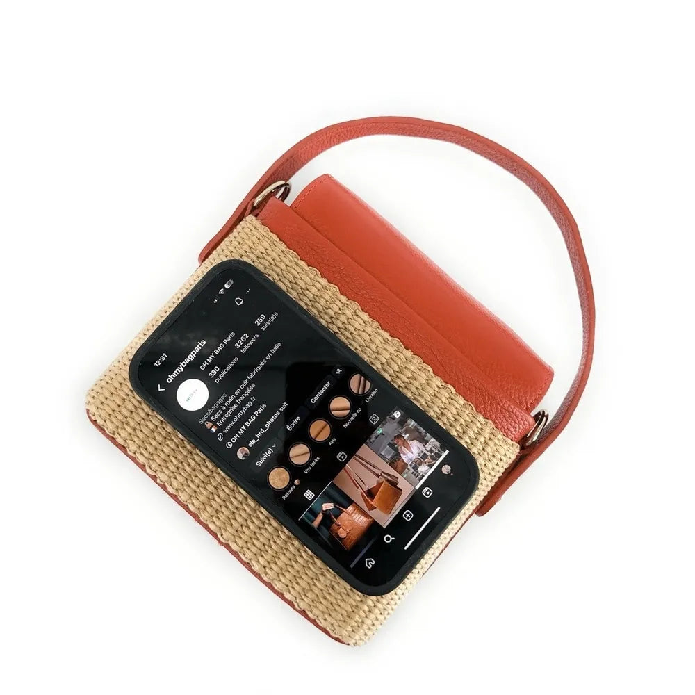 Mini-sac à main en cuir et raphia SIENNA Mandarine