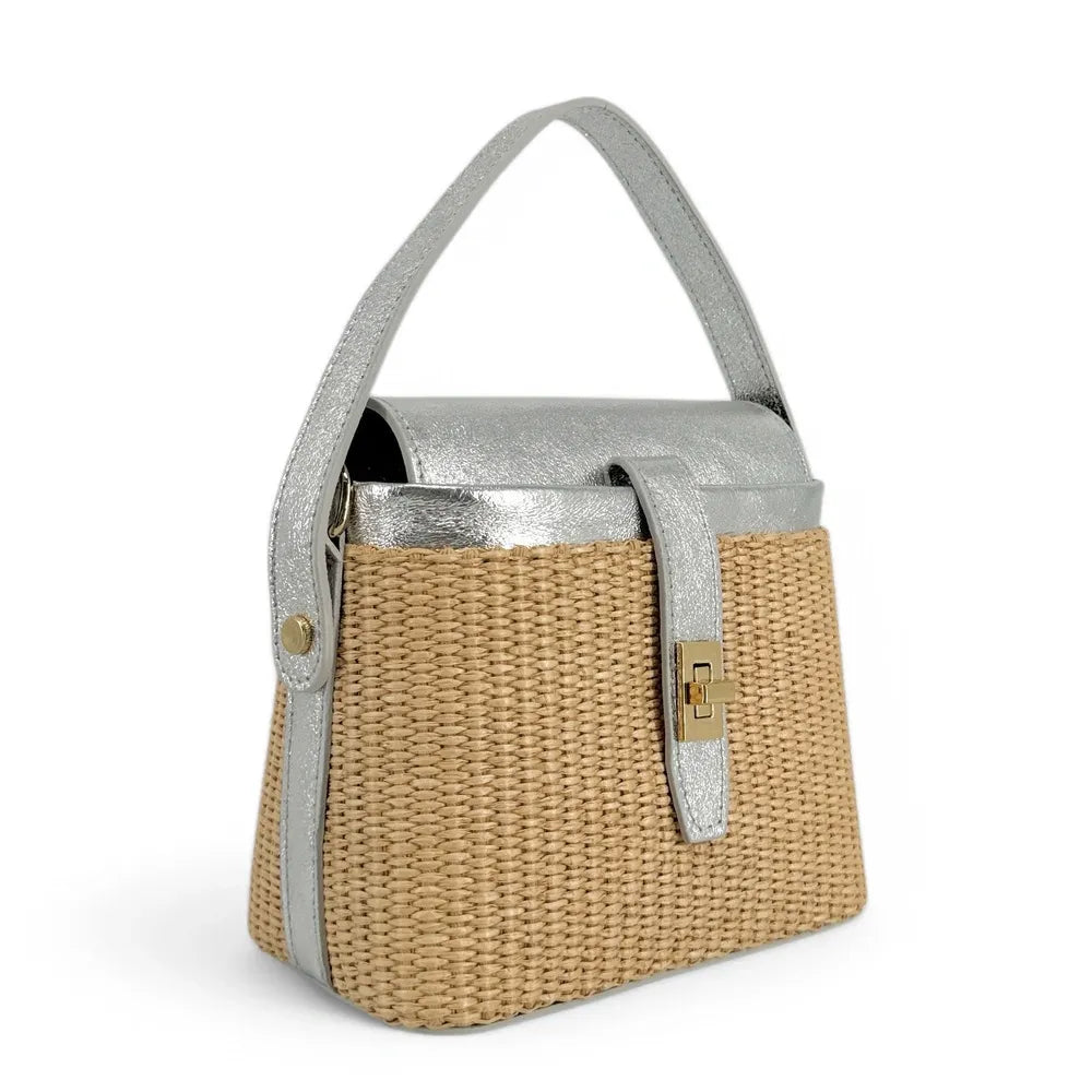Mini-sac à main en cuir et raphia SIENNA Argent moyen