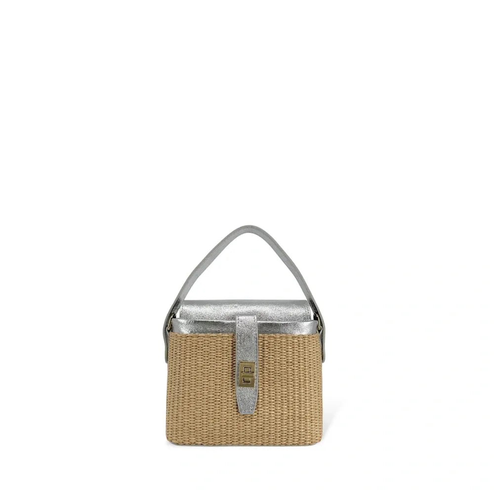 Mini-sac à main en cuir et raphia SIENNA Argent moyen