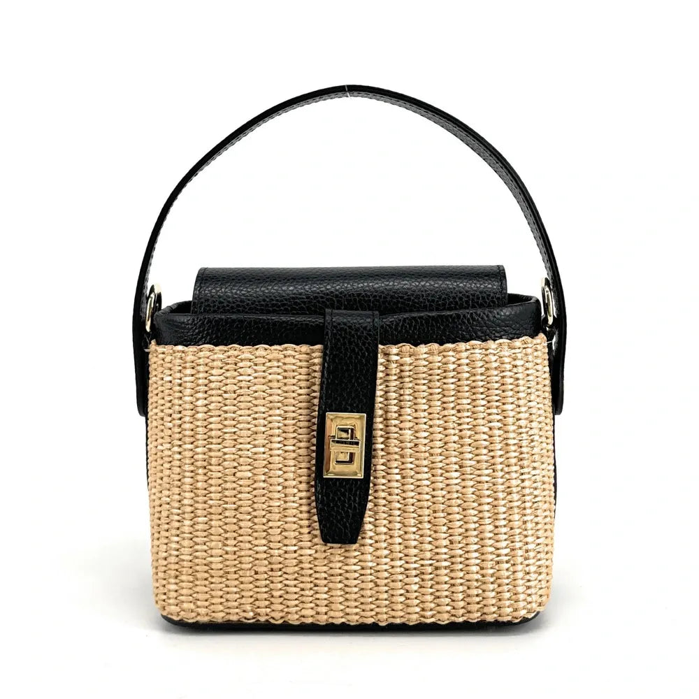 Mini-sac à main en cuir et raphia SIENNA Noir